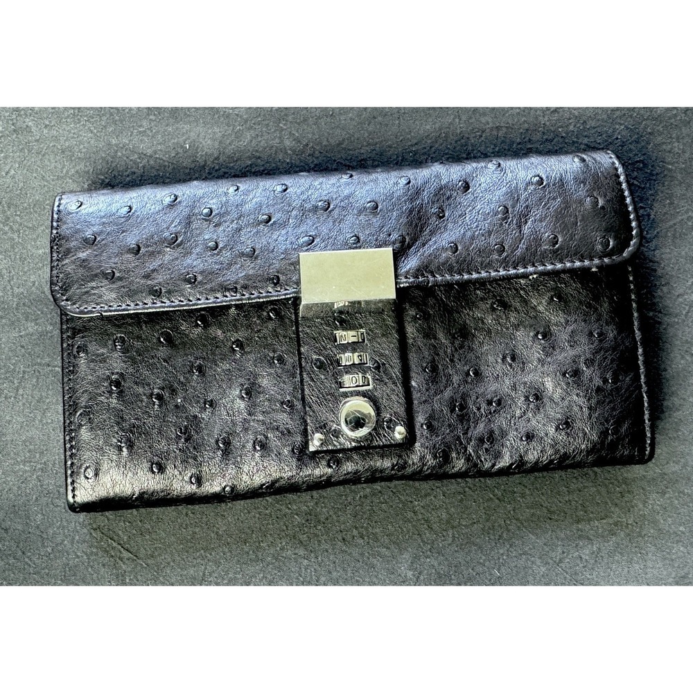 Vintage Ostrich Leather Wallet Clutch Black Amiet Lock Genuine Italian Luxury